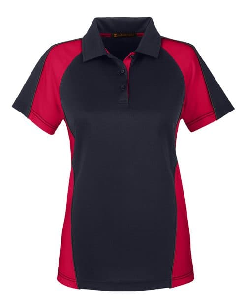 Harriton Women's Advantage Snag Protection Plus IL Colorblock Polo in Black/ Red/ Dark Charcoal