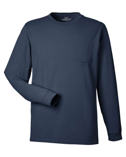 vineyard vines Unisex Long Sleeve Pocket T-Shirt in Blue Blazer/ White Cap