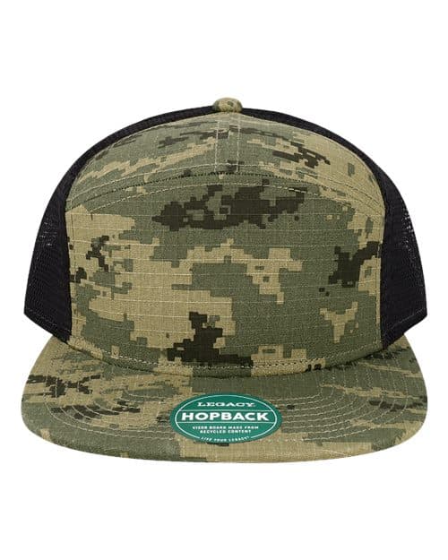 LEGACY Hopback Seven-Panel Trucker Cap in Army Digi Camo Ripstop/ Black