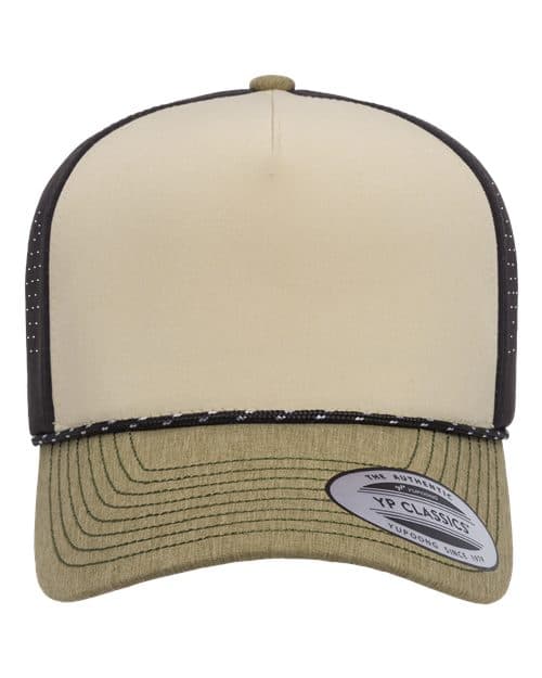 YP Classics Five-Panel Perforated Rope Cap in Beige/ Black/ Loden Green