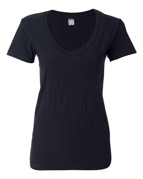 J. America Women's V-Neck Slub T-Shirt in Black