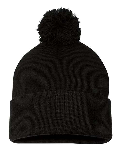 Sportsman 12" Pom-Pom Cuffed Beanie in Black
