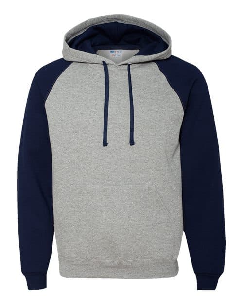JERZEES Unisex Nublend® Colorblocked Raglan Hooded Sweatshirt in Oxford/ J. Navy