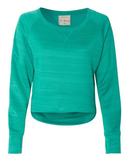 J. America Women's Odyssey Striped Performance Fleece Hi-Low Crewneck Sweatshirt in Dynasty Green Stripe