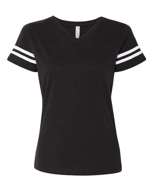 LAT Women's Football V-Neck Fine Jersey Tee in Black Solid/ White