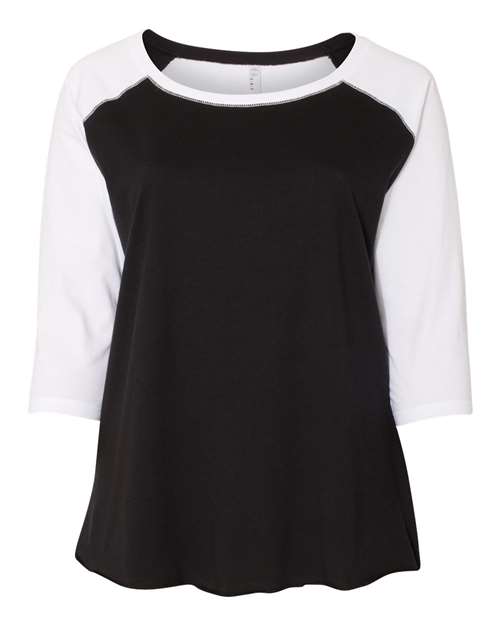 LAT Women's Curvy Collection Baseball Three-Quarter Sleeve Tee in Black/ White