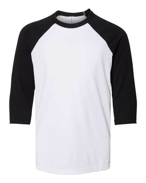 BELLA + CANVAS Youth Three-Quarter Sleeve Baseball Tee in White/ Black