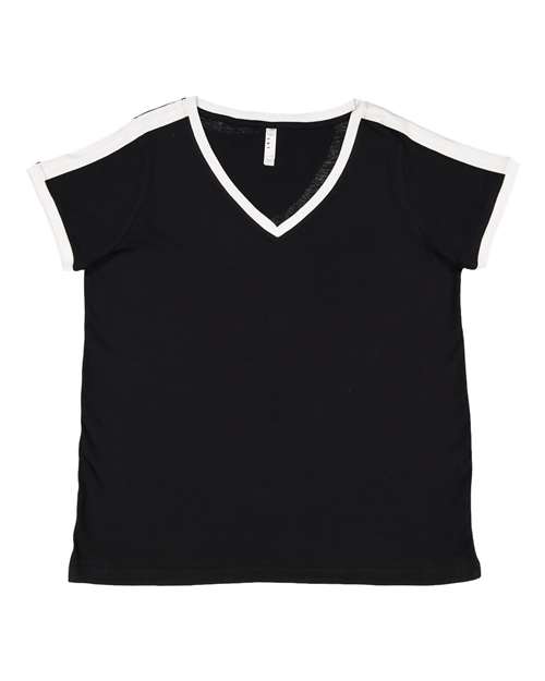 LAT Women's Curvy Retro Ringer Premium Jersey V-Neck Tee in Black/ White
