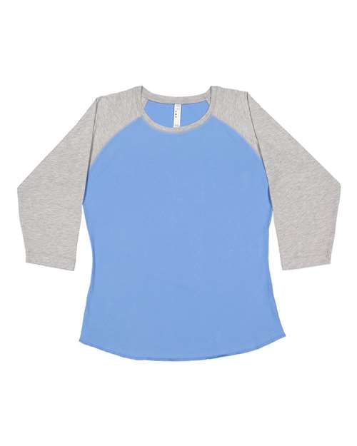 LAT Women's Baseball Fine Jersey Three-Quarter Sleeve Tee in Carolina Blue/ Vintage Heather