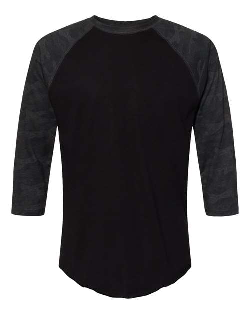 LAT Unisex Baseball Fine Jersey Three-Quarter Sleeve Tee in Black/ Storm Camo