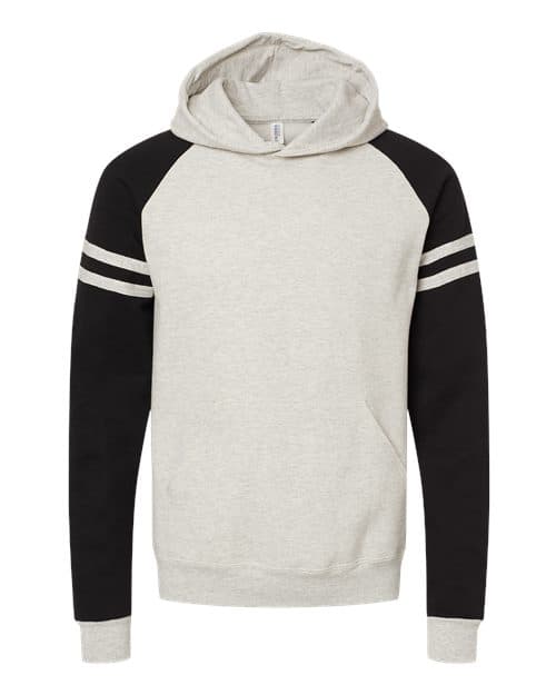 JERZEES Unisex Nublend® Varsity Colorblocked Raglan Hooded Sweatshirt in Oatmeal Heather/ Black Ink