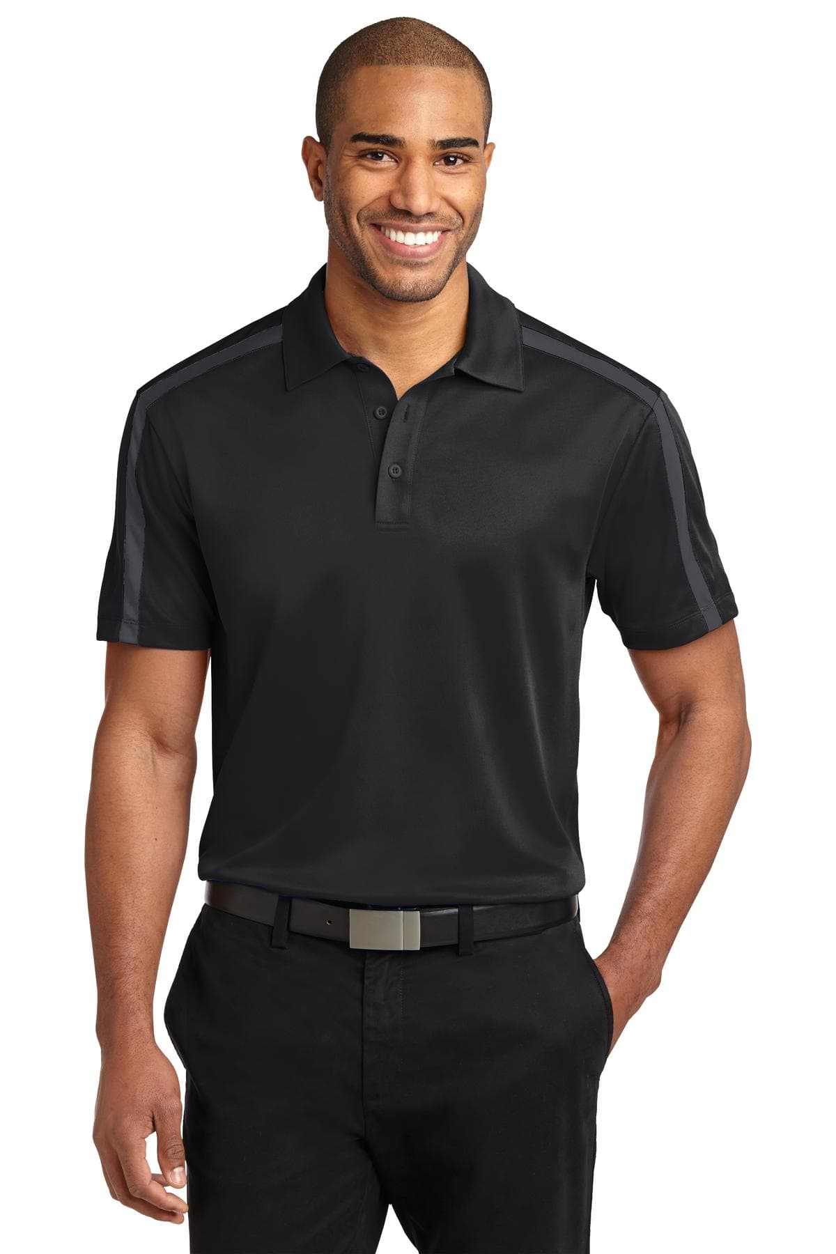 Port Authority Port Authority Silk Touch Performance Colorblock Stripe Polo. K547 in Black/ Steel Grey