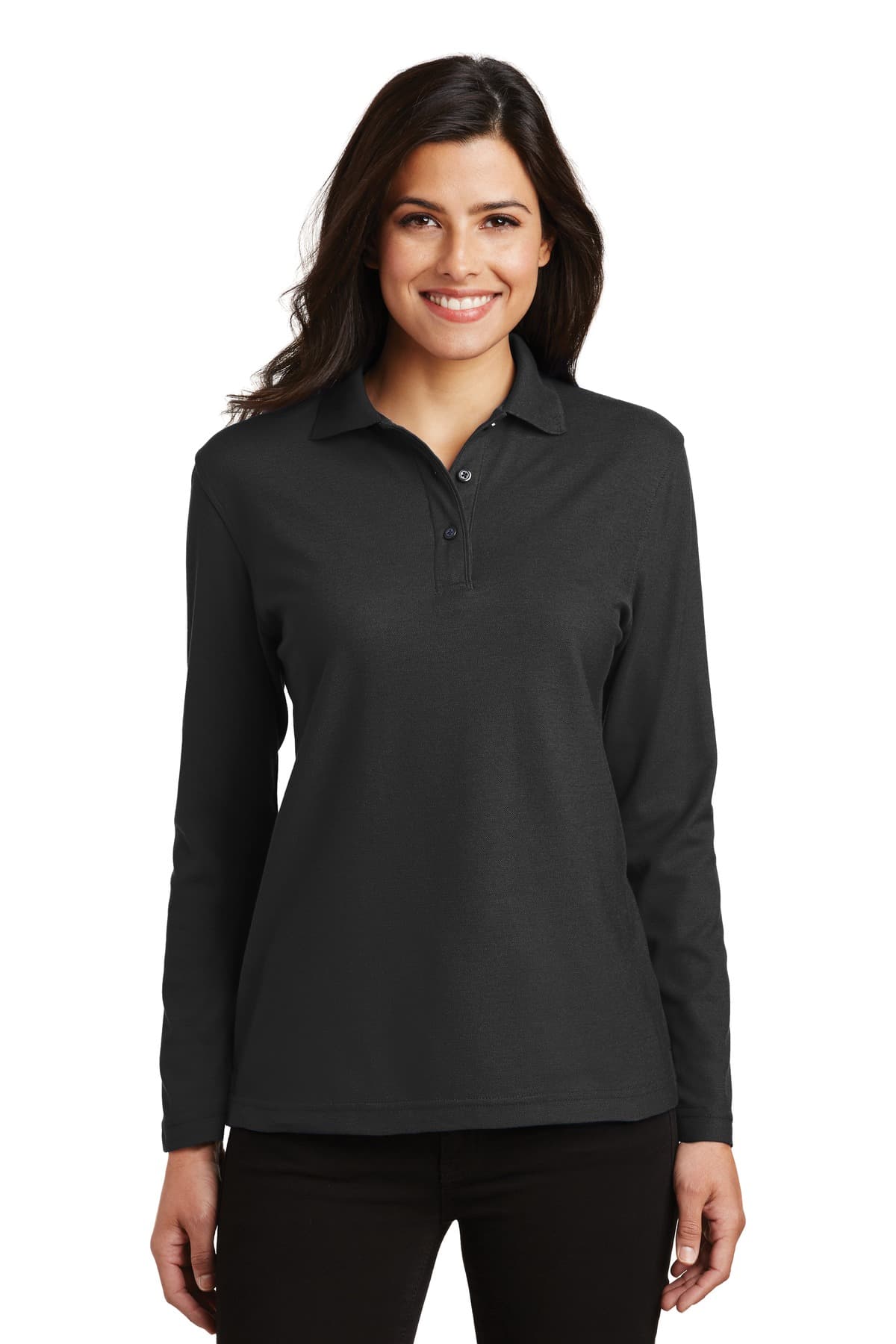 Port Authority Port Authority Women's Silk Touch Long Sleeve Polo. L500LS in Black
