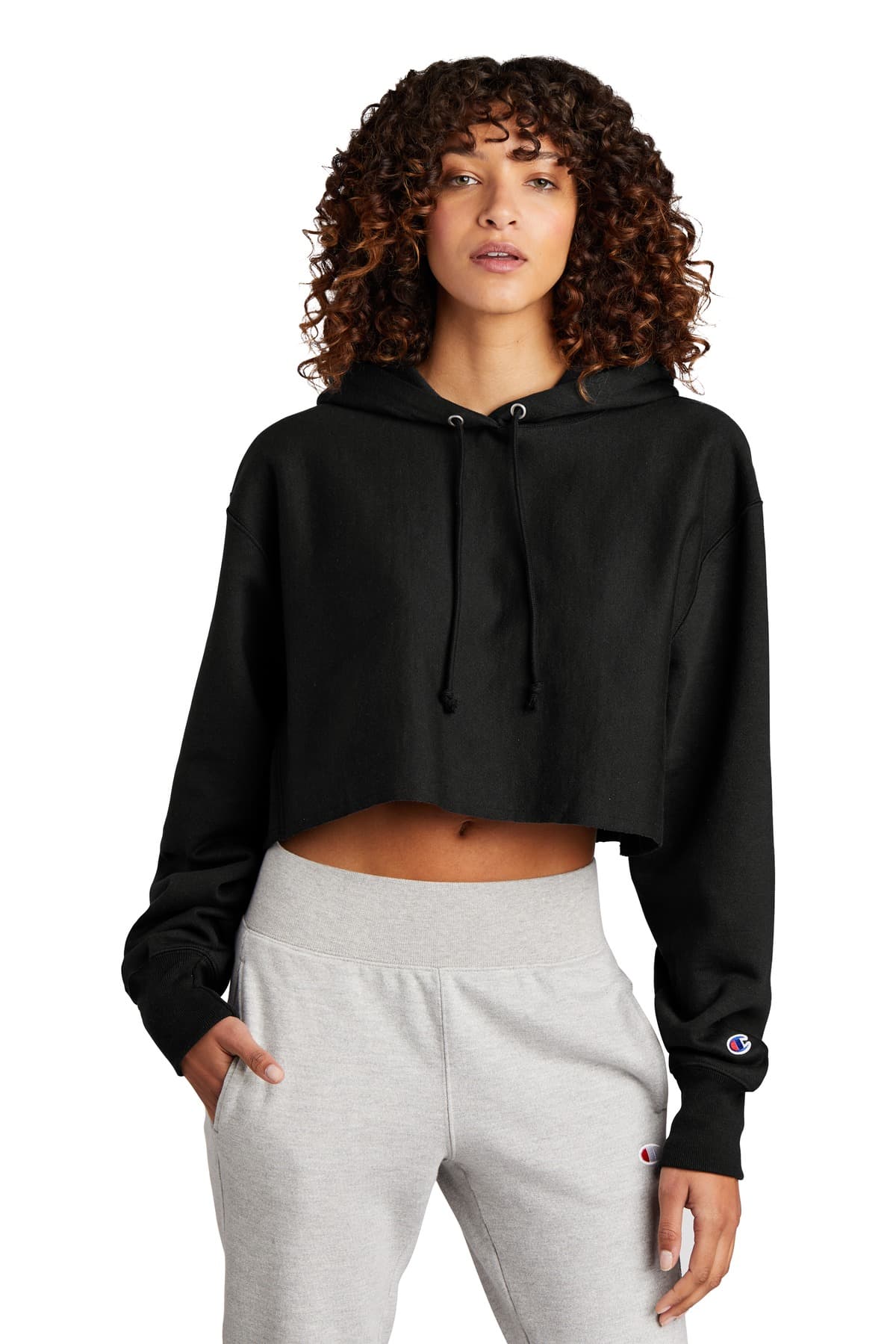 Champion Champion Women's Reverse Weave Cropped Cut-Off Hooded Sweatshirt RW01W in Black
