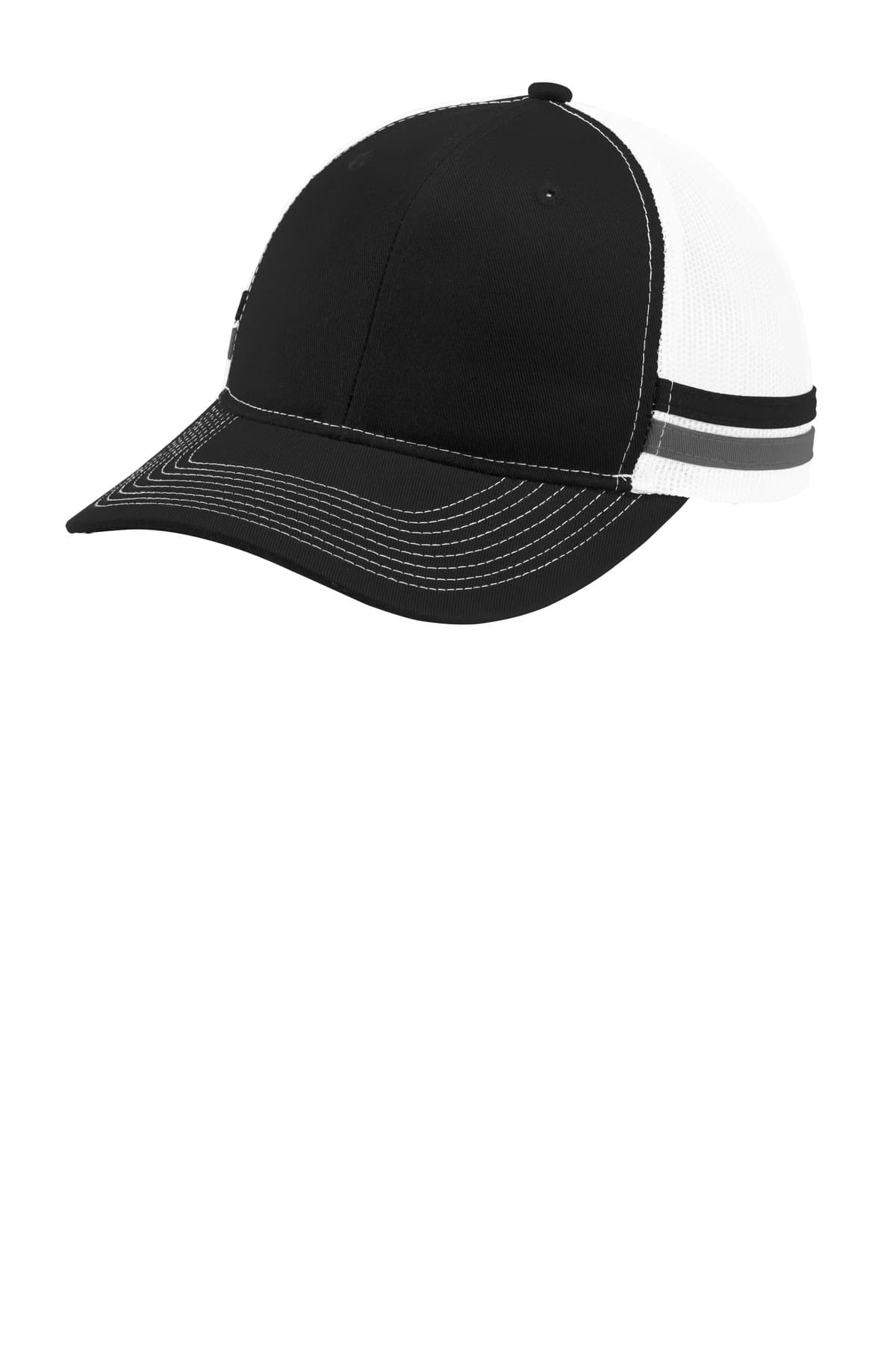 Port Authority Port Authority Two-Stripe Snapback Trucker Cap. C113 in Black/ Grey Steel/ White