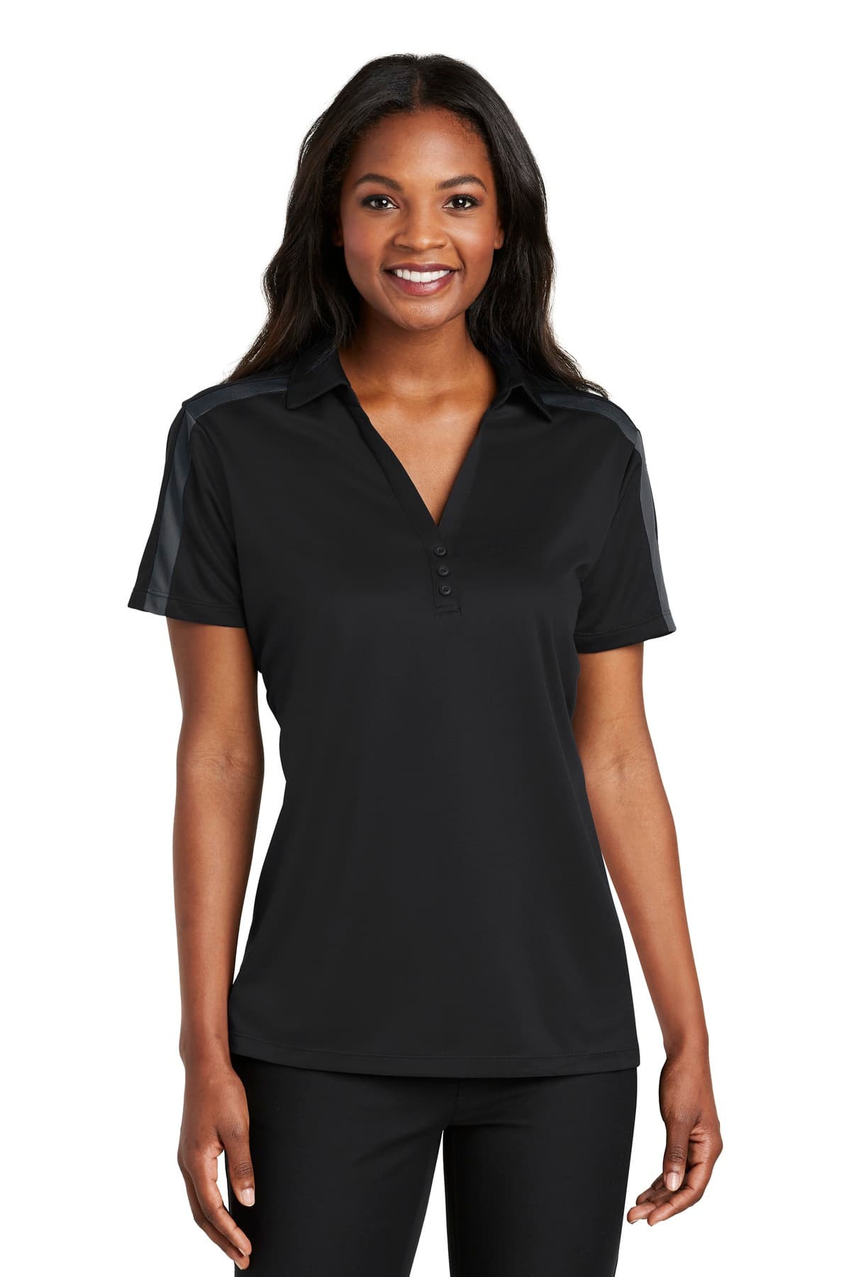 Port Authority Port Authority Women's Silk Touch Performance Colorblock Stripe Polo. L547 in Black/ Steel Grey