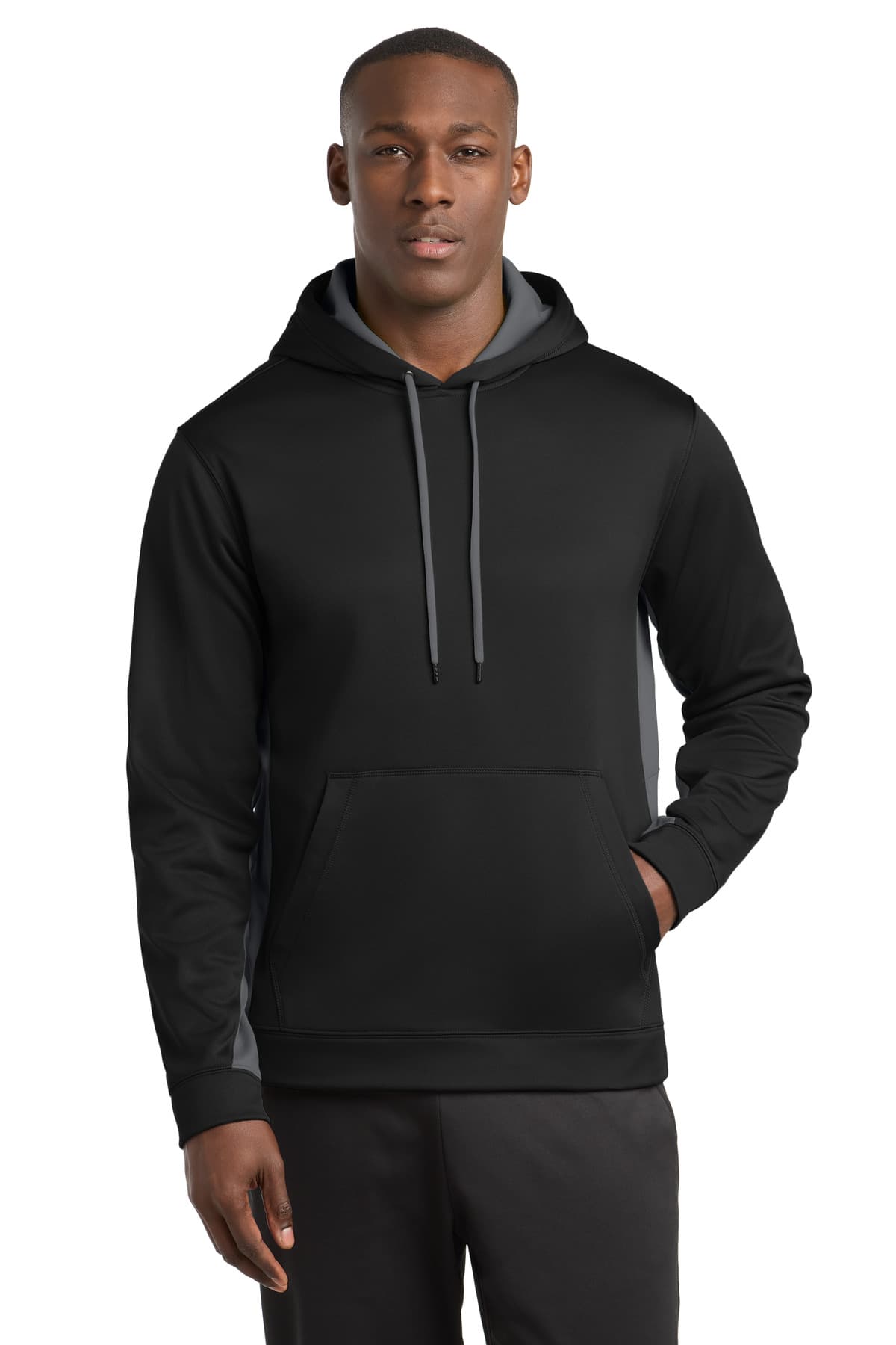 Sport-Tek Sport-Tek Sport-Wick Fleece Colorblock Hooded Pullover. ST235 in Black/ Dark Smoke Grey