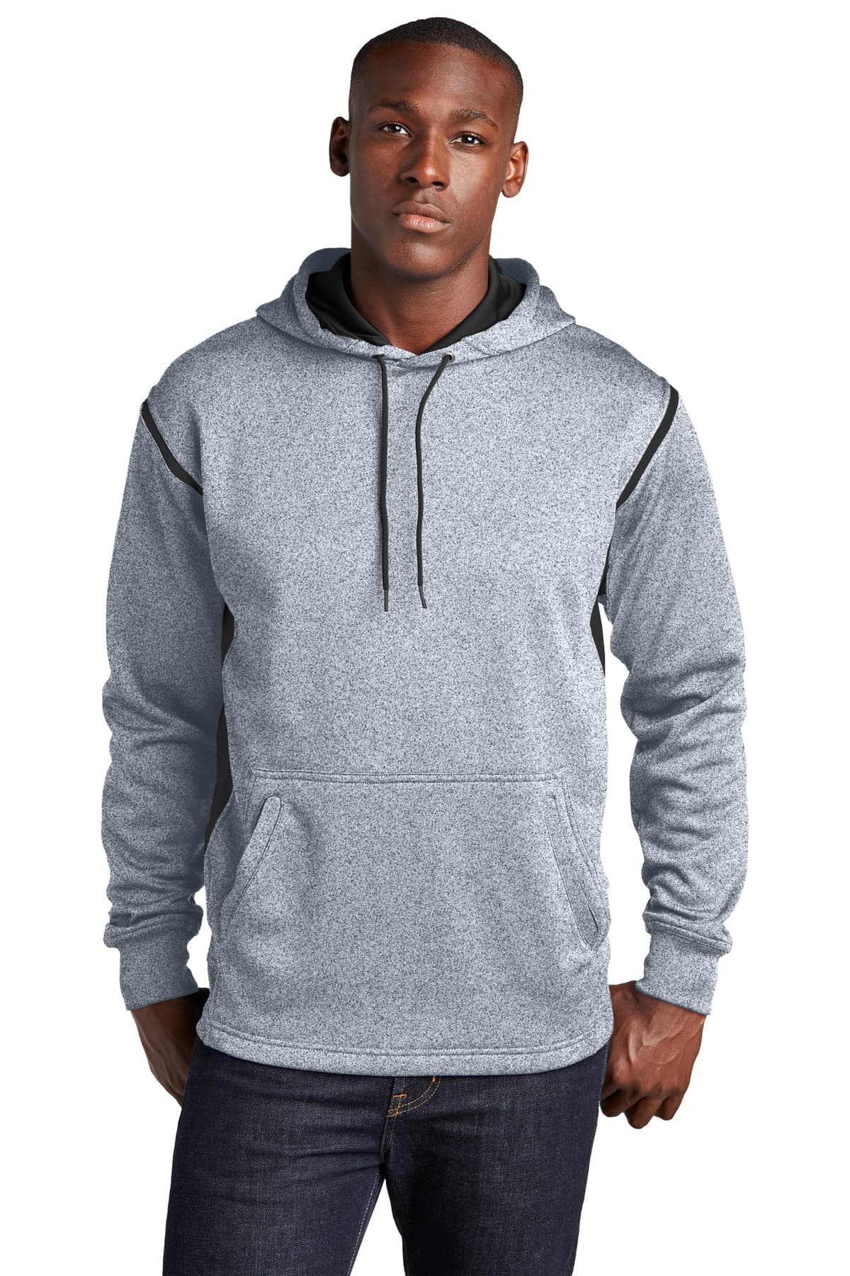 Sport-Tek Sport-Tek Tech Fleece Colorblock Hooded Sweatshirt. F246 in Grey Heather/ Black