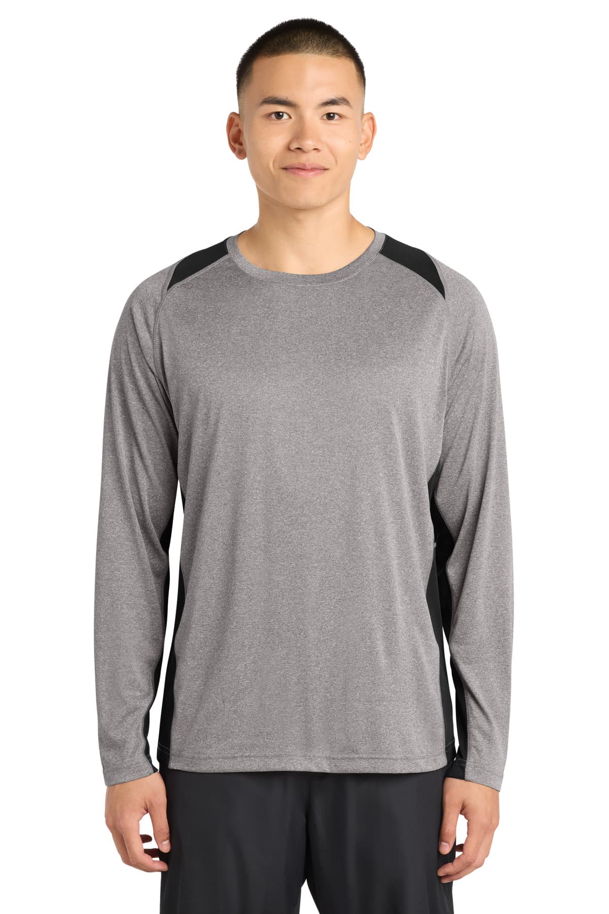 Sport-Tek Sport-Tek Long Sleeve Heather Colorblock Contender Tee. ST361LS in Vintage Heather/ Black