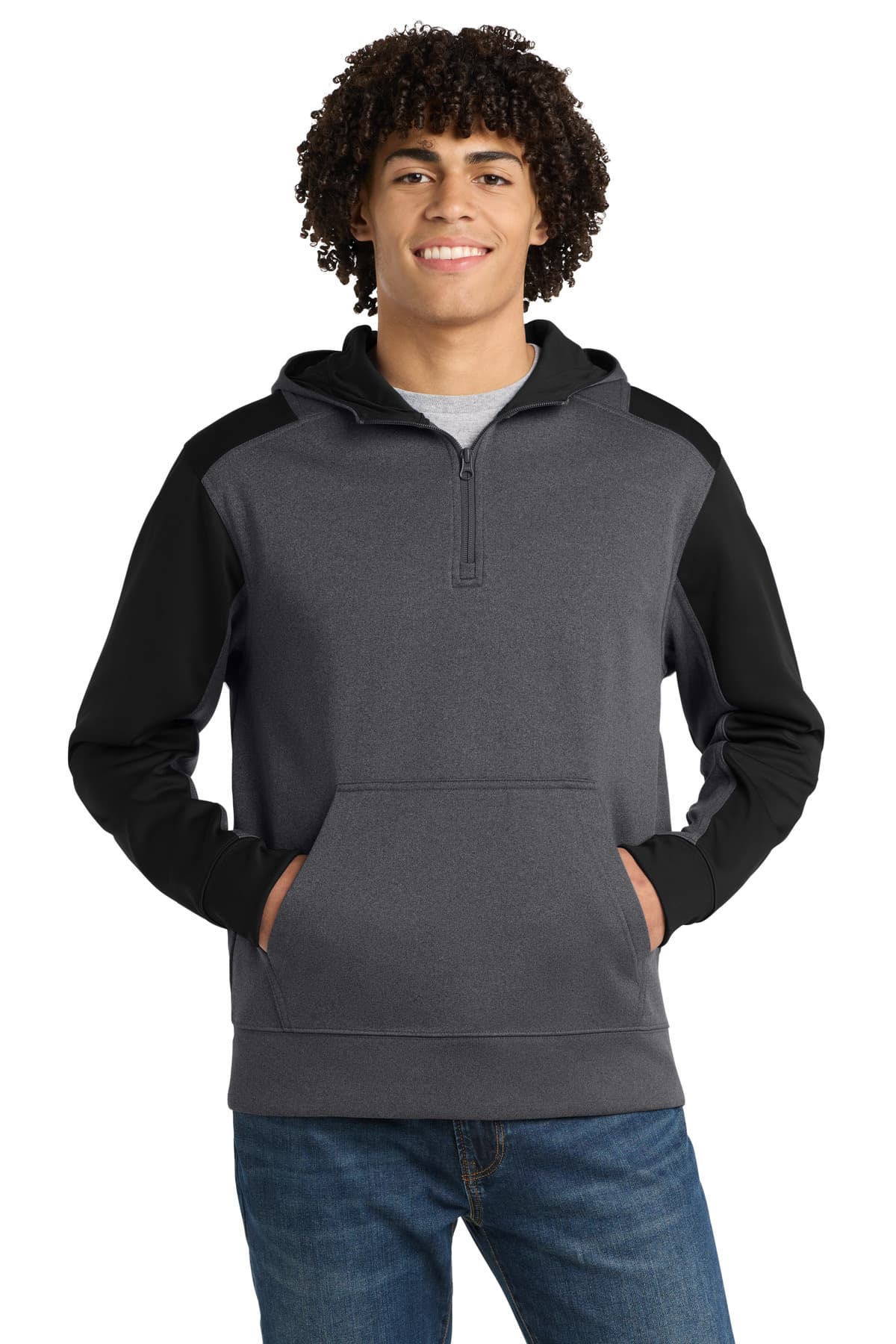 Sport-Tek Sport-Tek Tech Fleece Colorblock 1/4-Zip Hooded Sweatshirt. ST249 in Graphite Heather/ Black