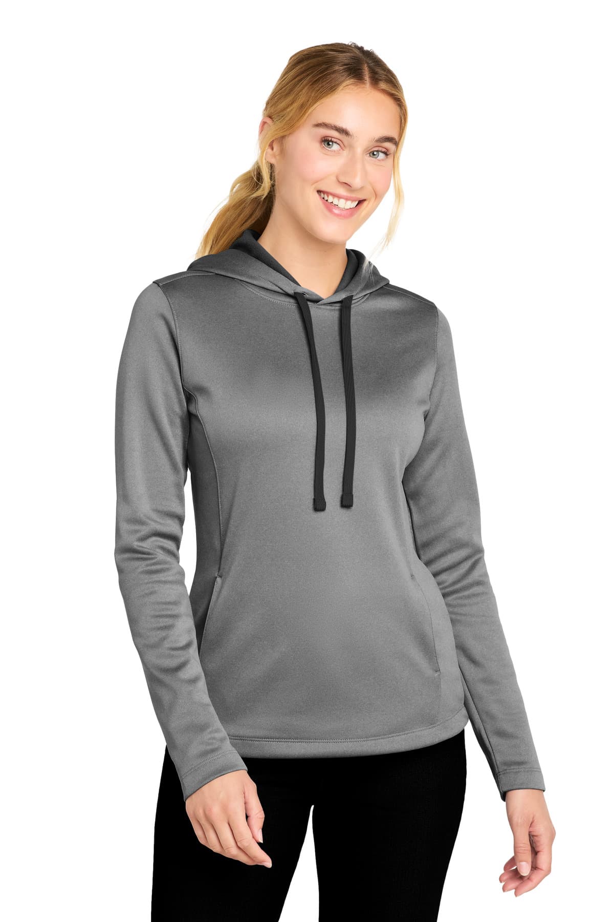 Sport-Tek Sport-Tek Women's PosiCharge Sport-Wick Heather Fleece Hooded Pullover. LST264 in Black Heather