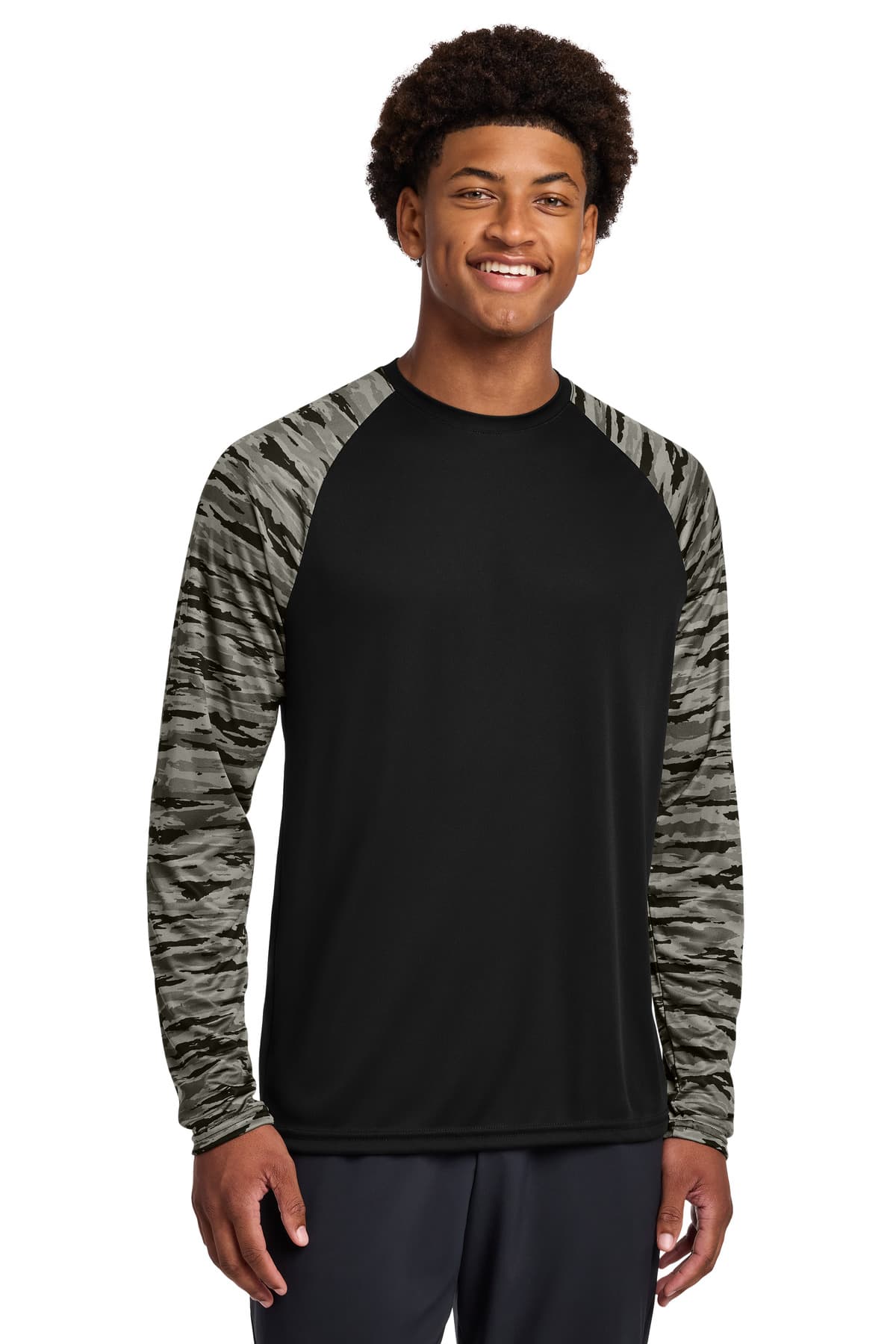 Sport-Tek Sport-Tek Drift Camo Colorblock Long Sleeve Tee ST376LS in Black