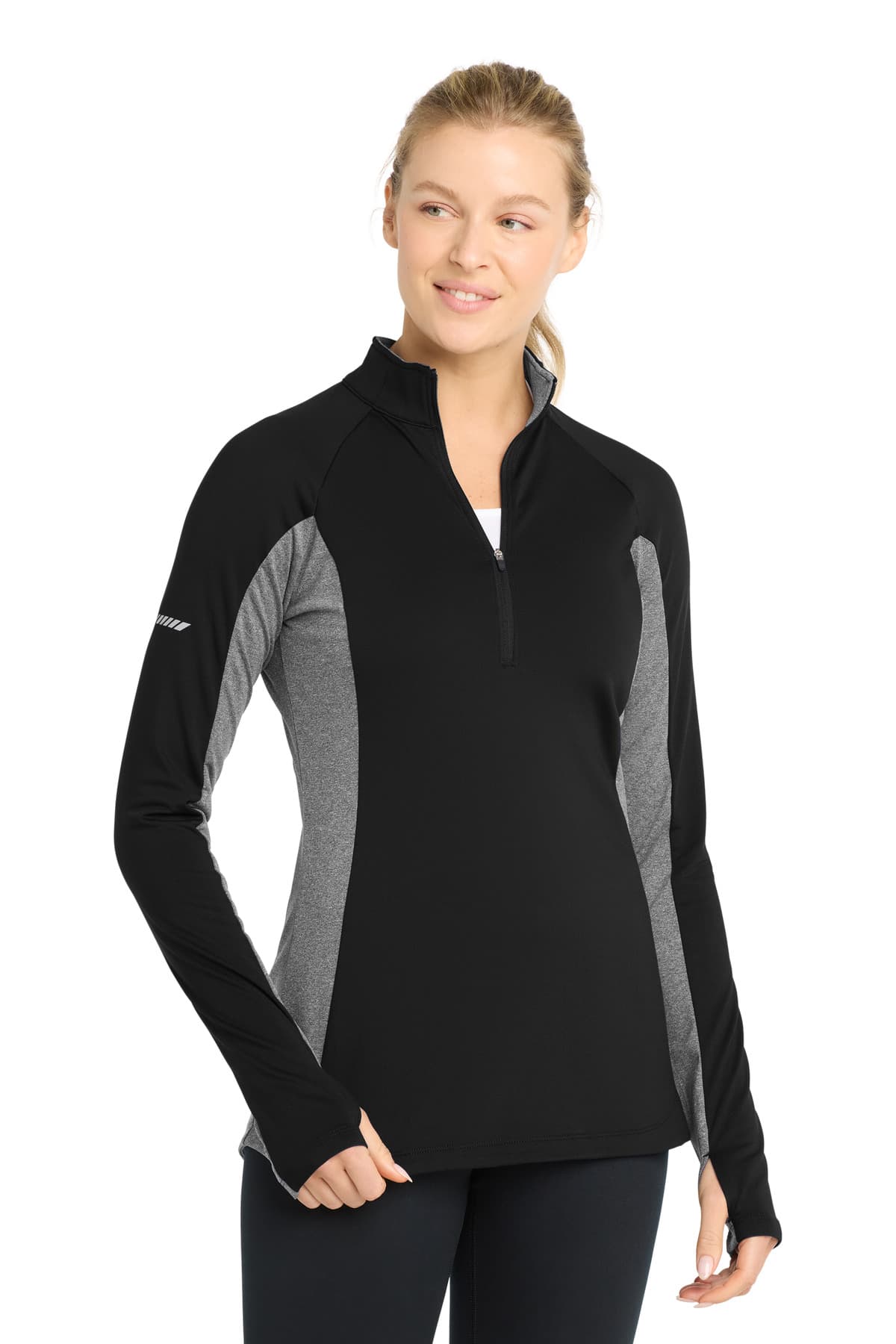 Sport-Tek Sport-Tek Women's Sport-Wick Stretch Contrast 1/4-Zip Pullover. LST854 in Black/ Charcoal Grey Heather