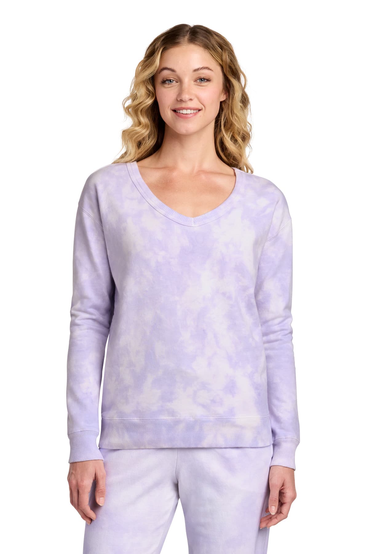 Port & Company Port & Co Women's Beach Wash Cloud Tie-Dye V-Neck Sweatshirt LPC140V in Amethyst