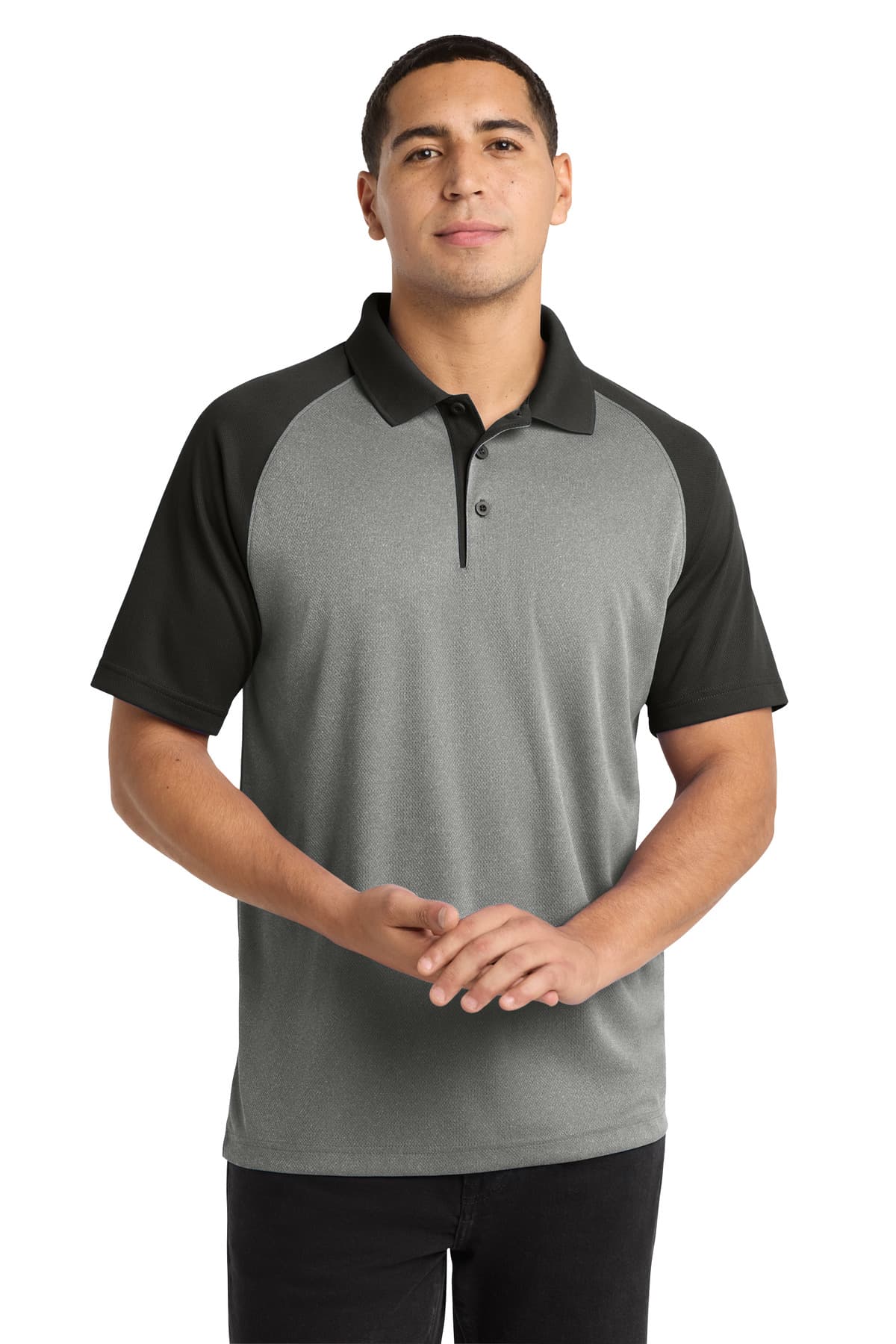 Sport-Tek Sport-Tek PosiCharge RacerMesh Raglan Heather Block Polo. ST641 in Grey Heather/ Black