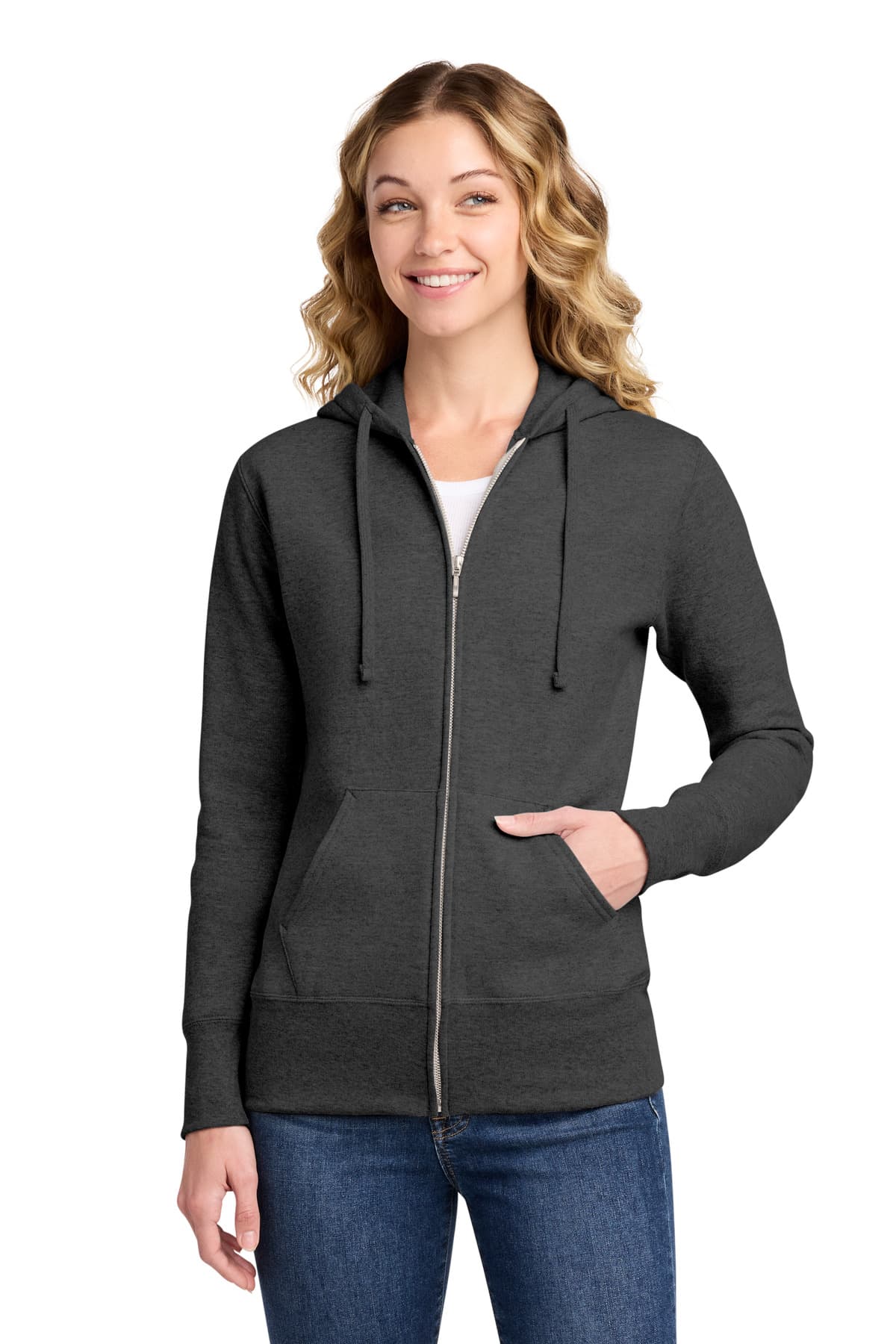 Port & Company Port & Co Women's Core Fleece Full-Zip Hooded Sweatshirt. LPC78ZH in Dark Heather Grey
