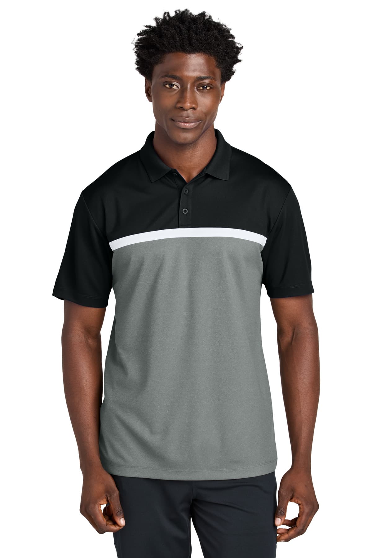 Sport-Tek Sport-Tek UV Micropique Colorblock Polo ST741 in Black/ Grey Concrete Heather/ White
