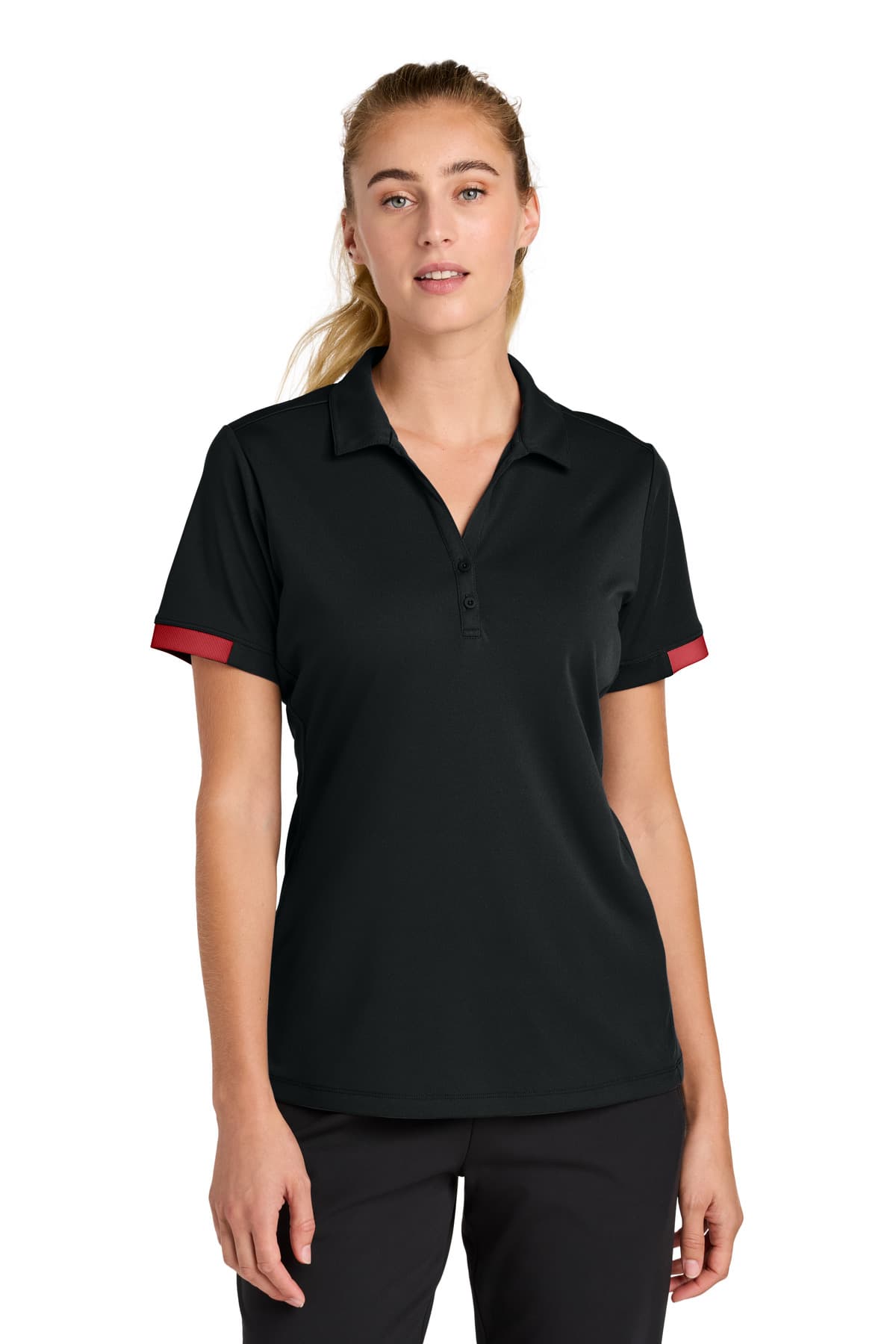 Sport-Tek Sport-Tek Women's Club Colorblock Polo LST444 in Black/ Deep Red