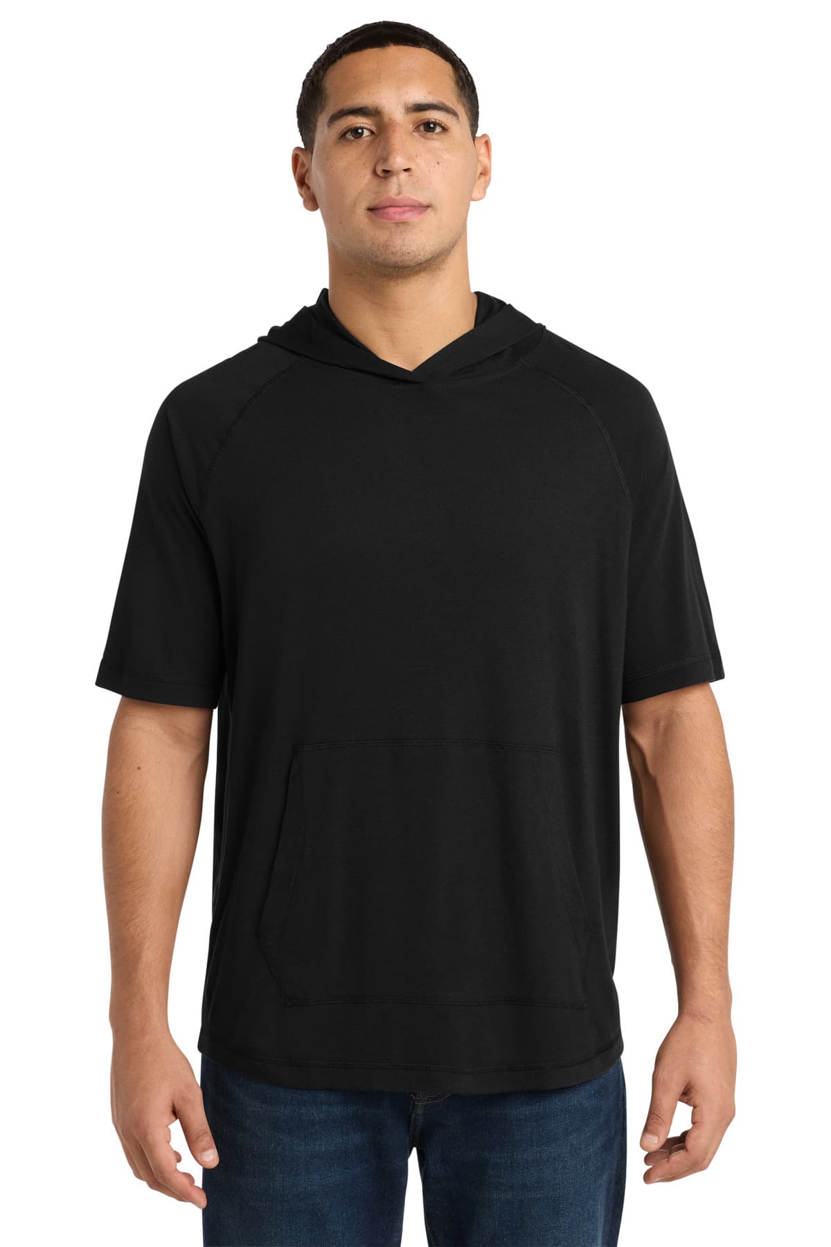 Sport-Tek Sport-Tek PosiCharge Tri-Blend Wicking Short Sleeve Hoodie. ST404 in Black Triad Solid