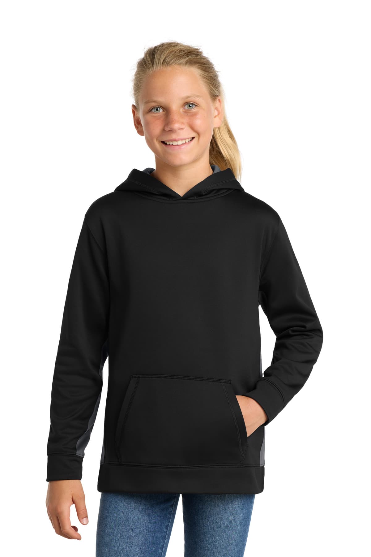 Sport-Tek Sport-Tek Youth Sport-Wick Fleece Colorblock Hooded Pullover. YST235 in Black/ Dark Smoke Grey