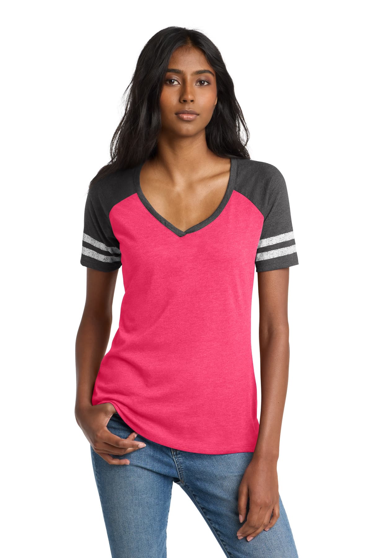 District District Women's Game V-Neck Tee. DM476