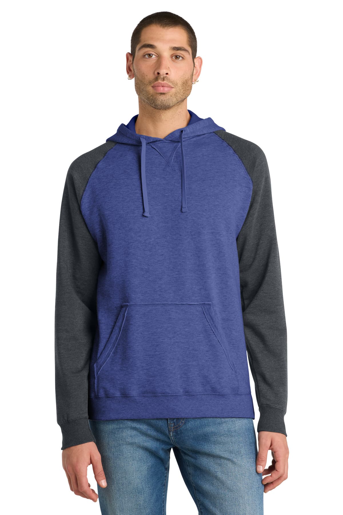 District District Young Mens Lightweight Fleece Raglan Hoodie. DT196 in Heathered Deep Royal/ Heathered Charcoal