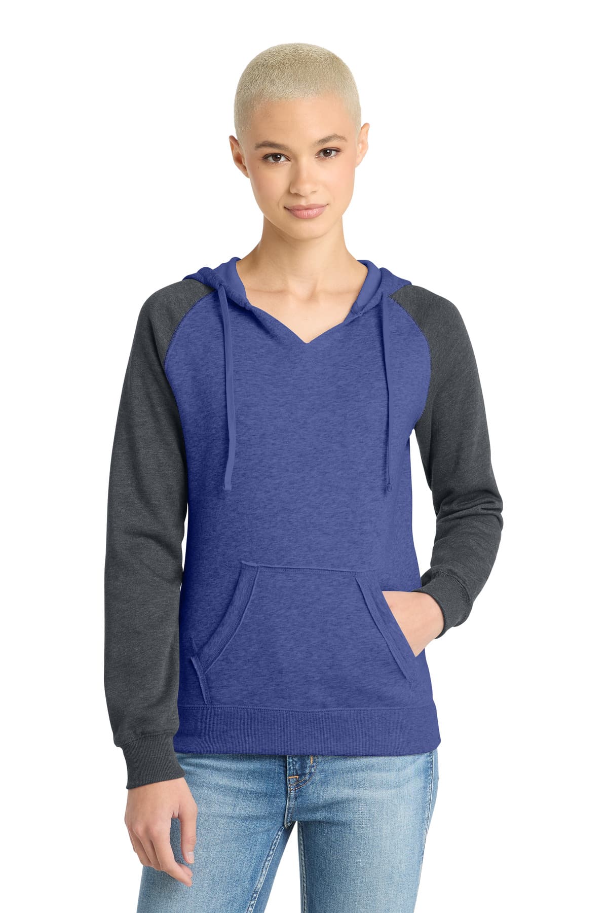 District District Women's Lightweight Fleece Raglan Hoodie. DT296 in Heathered Deep Royal/ Heathered Charcoal