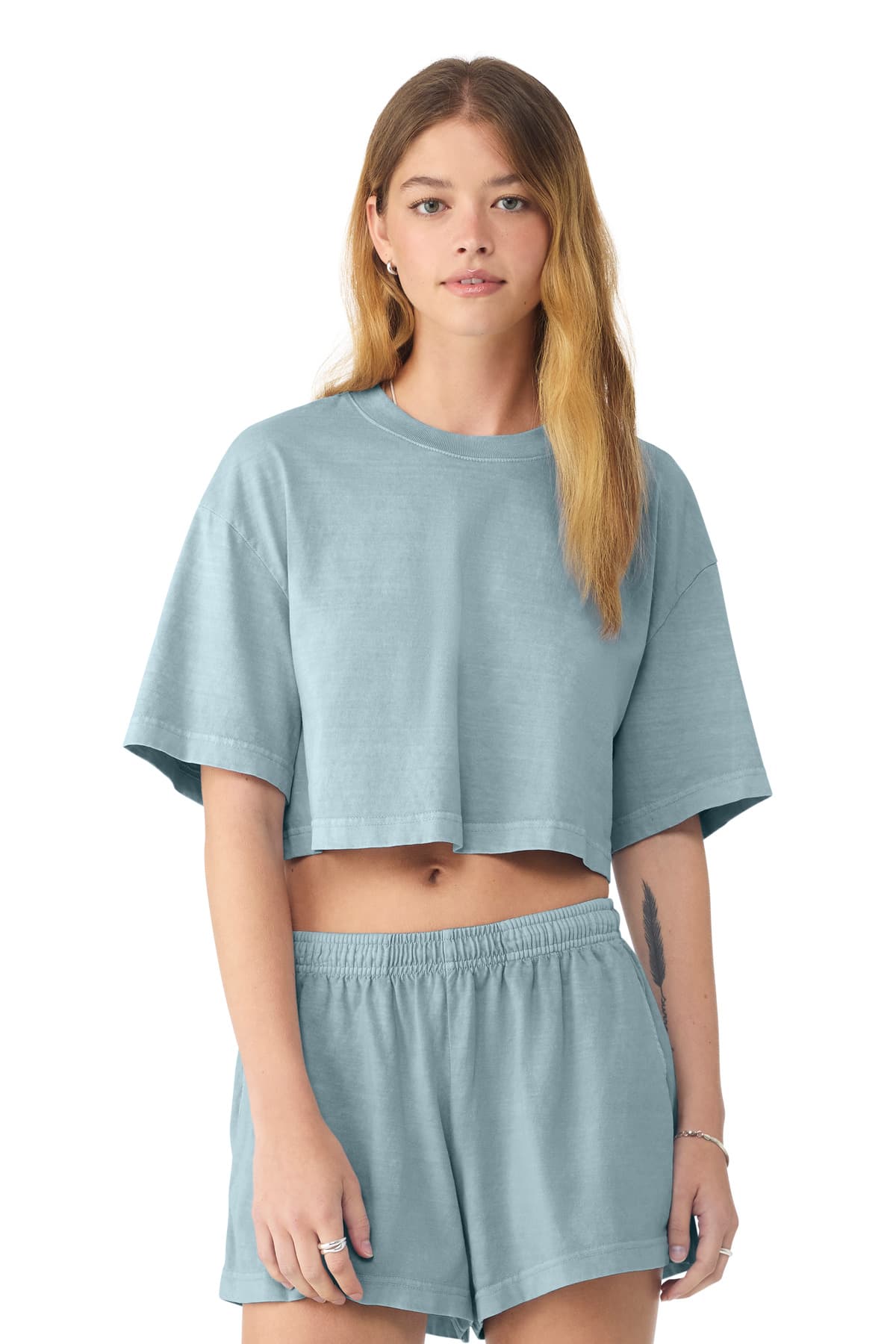 Bella + Canvas BELLA+CANVAS Women's Heavyweight Garment-Dyed Cropped Tee BC6882GD in Light Washed Denim