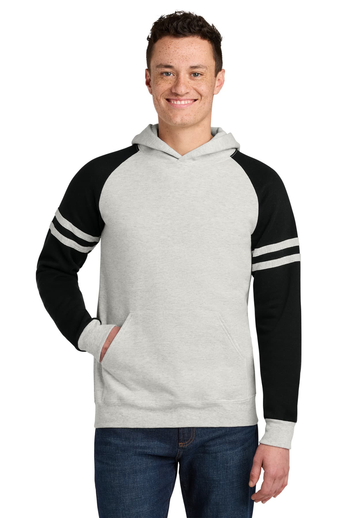 Jerzees Jerzees Unisex NuBlend Varsity Colorblock Hooded Sweatshirt 97C in Oatmeal Heather/ Black Ink