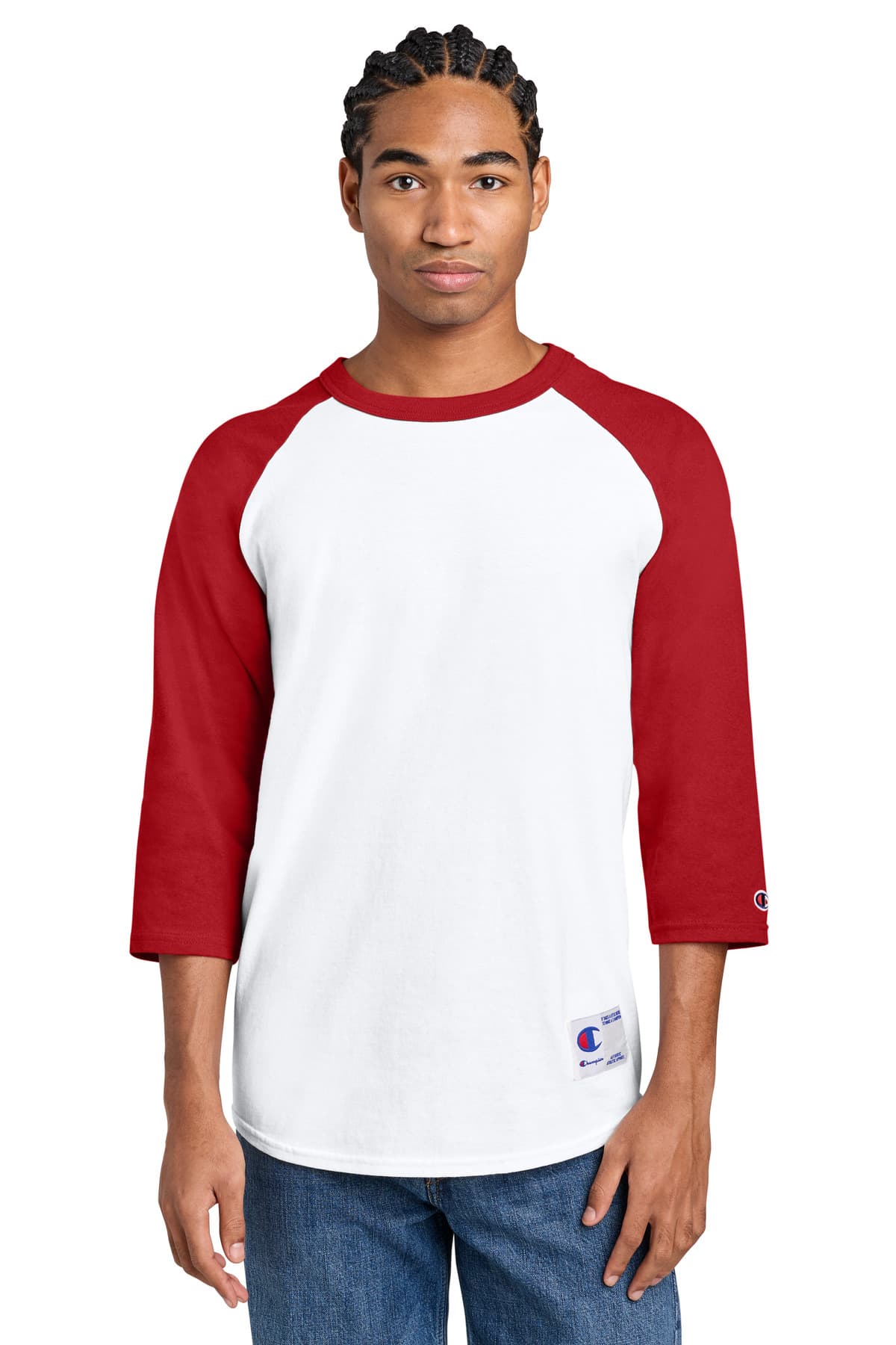Champion Champion Raglan Baseball Tee T137 in White/ Scarlet