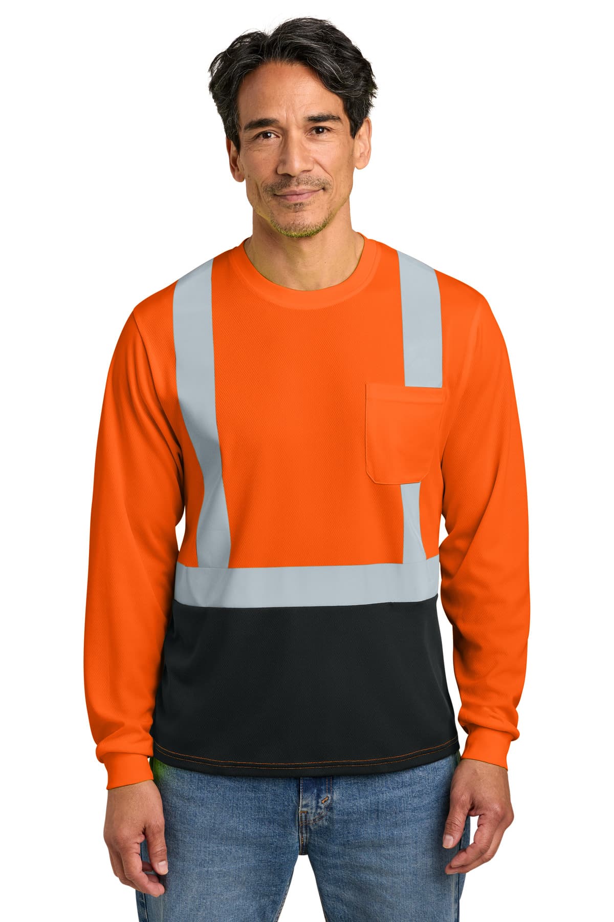 CornerStone CornerStone ANSI 107 Class 2 Long Sleeve Mesh Blocked Tee CS207 in Safety Orange/ Black